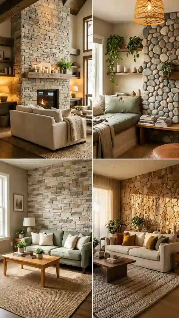 Stone wall living room collage featuring rustic fireplaces, natural stone accents, cozy sofas, wooden decor, and warm neutral interiors creating an inviting and stylish space.