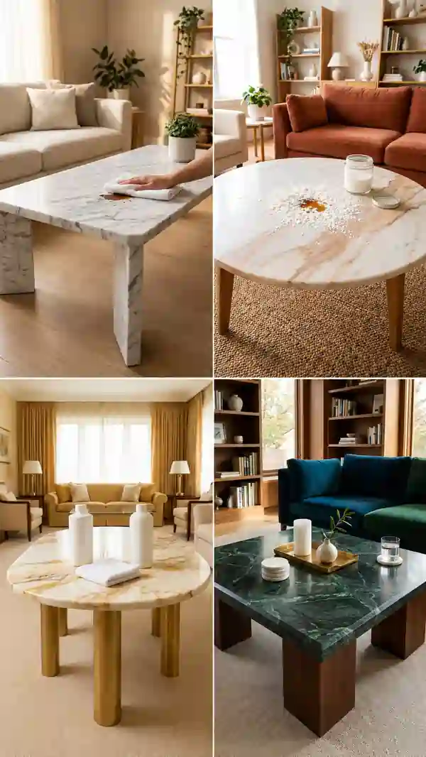 A vertical collage of four marble coffee tables in elegant living rooms, featuring cleaning, decor, and modern interior styling.