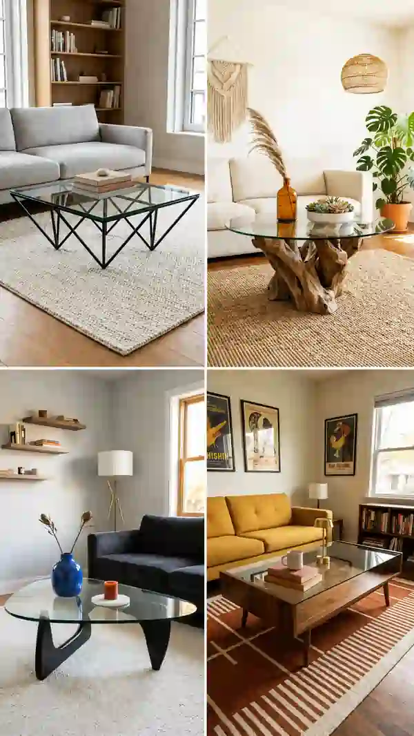 Glass table living room collage featuring modern coffee tables, cozy sofas, textured rugs, and stylish minimalist interiors with warm natural lighting.