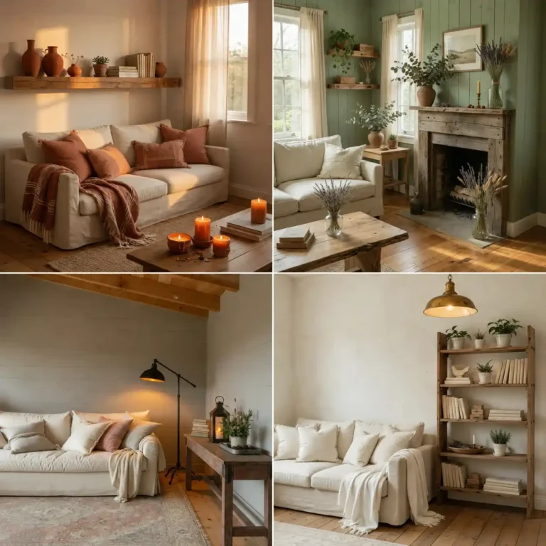 Cozy rustic living room collage with farmhouse interiors, cream sofas, wooden furniture, warm lighting, sage green walls, decorative pillows, candles, and natural home decor inspiration.