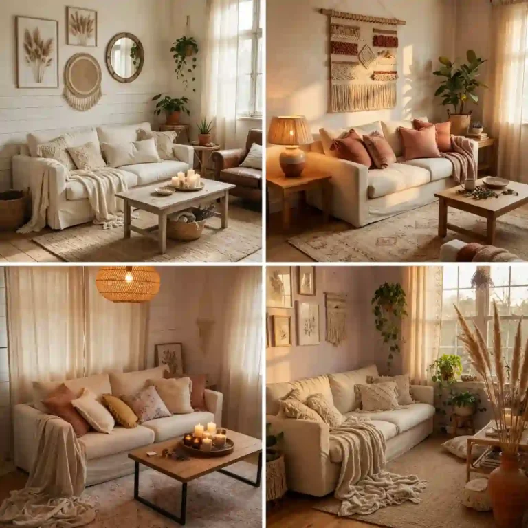 Cozy boho living room collage with cream sofas, warm lighting, plants, woven rugs, and neutral décor ideas.