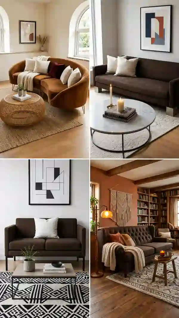 Brown sofa living room collage showcasing modern, minimalist, and cozy rustic interiors with stylish coffee tables and warm neutral décor.