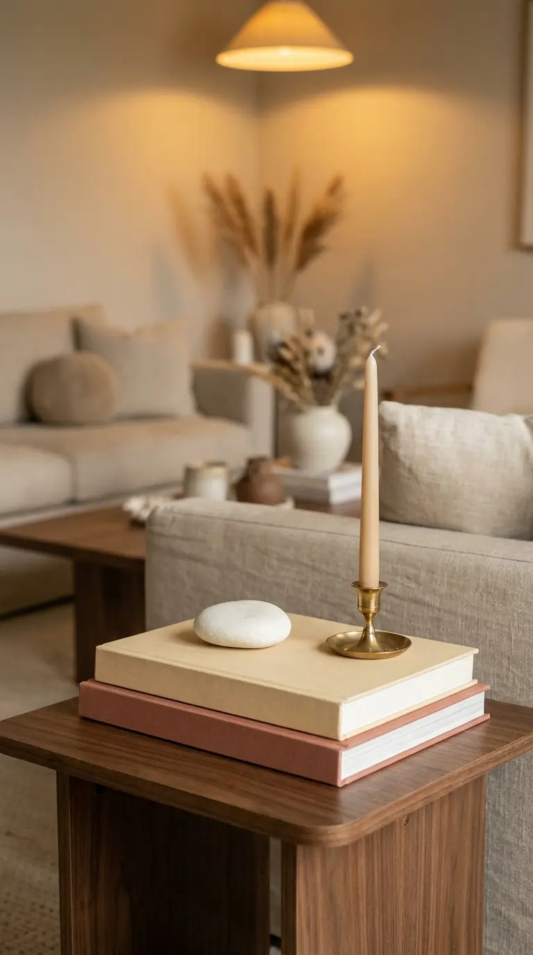 Stacked hardcover books in cream and terracotta tones on a walnut side table topped with a smooth white stone and brass taper candle holder