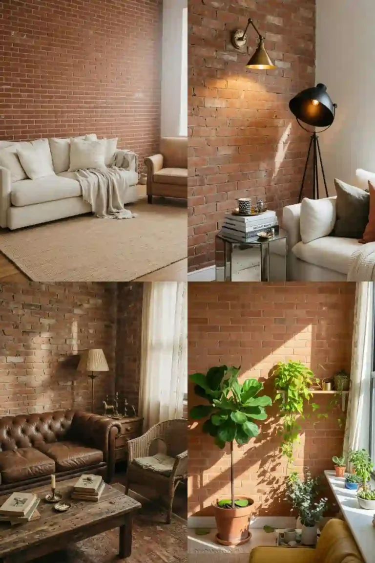 Wall molding living room inspiration with exposed brick wall designs, cozy sofas, warm lighting, and indoor plants