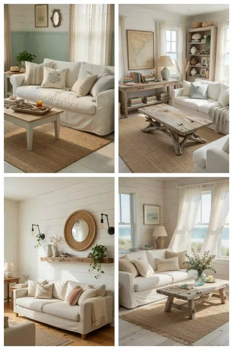 Coastal farmhouse living room collage with white sofas, rustic wood tables, woven rugs, shiplap walls, and airy beach-inspired decor in warm sunlit interiors.