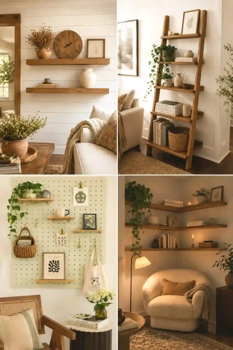 Living room wall units styled with rustic wooden shelves, ladder shelving, pegboard storage, and cozy decor elements in a warm neutral interior.