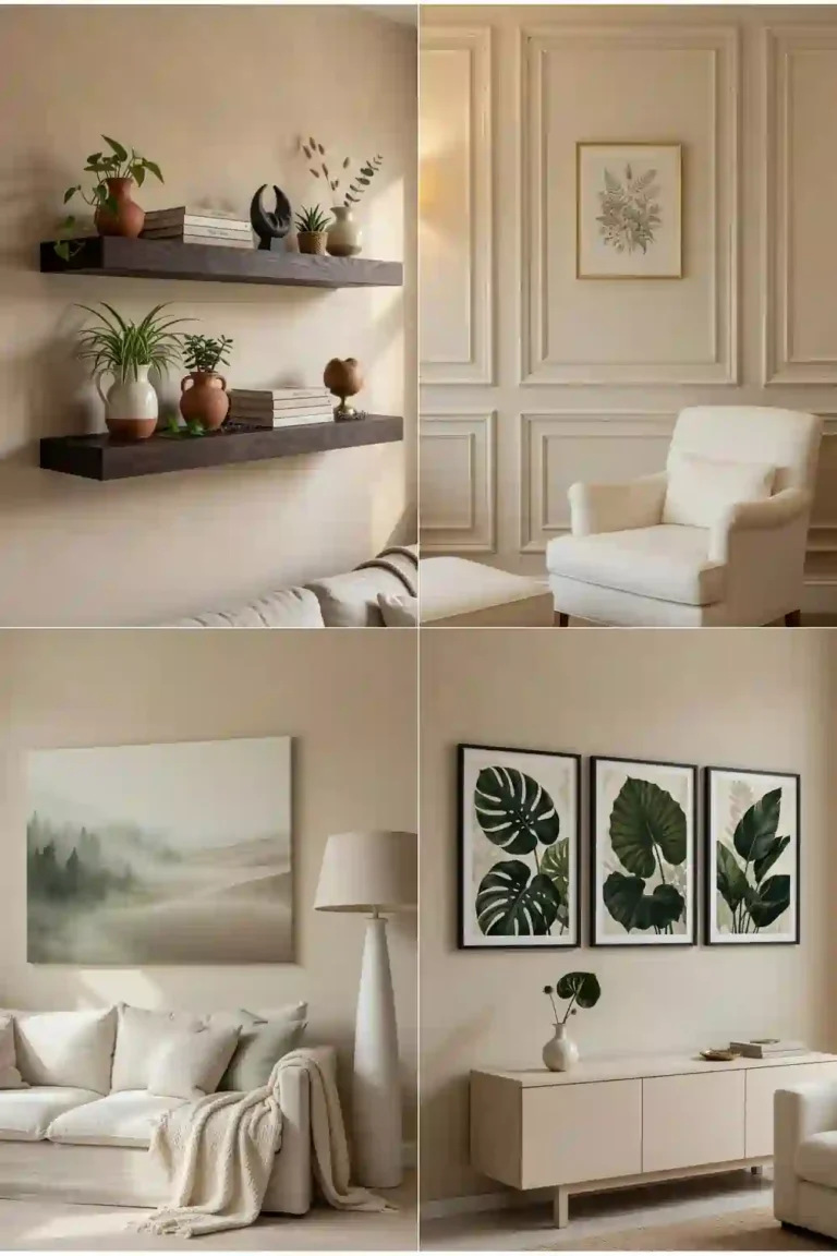 Beige walls living room with minimalist wall art, floating shelves, botanical prints, and neutral furniture creating a calm and elegant space.