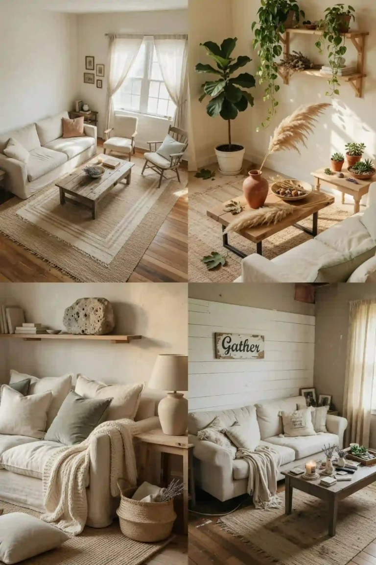Rustic living room collage with neutral décor, cream sofas, woven rugs, wood accents, and cozy farmhouse styling.