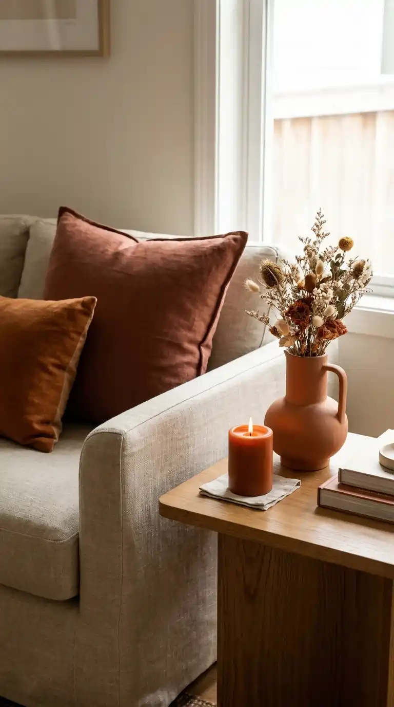Living room side table with terracotta vase and burnt orange candle placed beside a sofa with a rust-colored pillow showing color repetition in home styling
