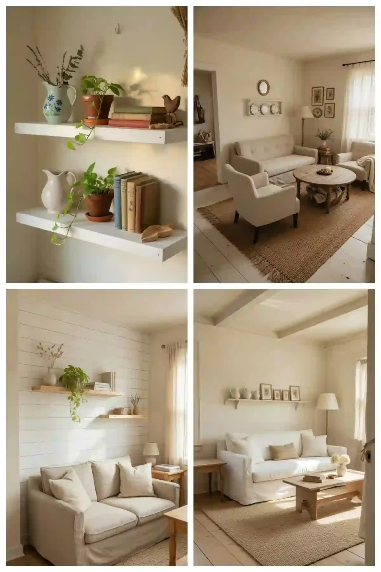 Small farmhouse living room collage featuring neutral-toned sofas, rustic wood coffee tables, woven rugs, floating shelves, and soft natural light creating a cozy, warm cottage-style interior.