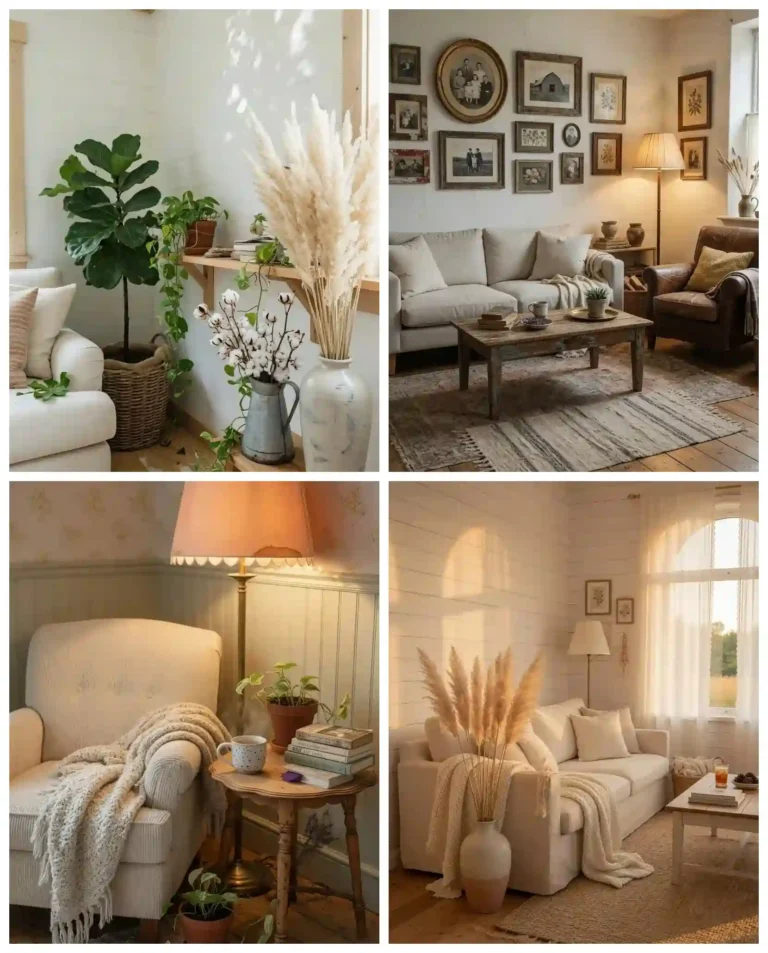 Country farmhouse living room collage with rustic wood furniture, cream sofas, cozy lighting, vintage decor, plants, and warm neutral interiors.