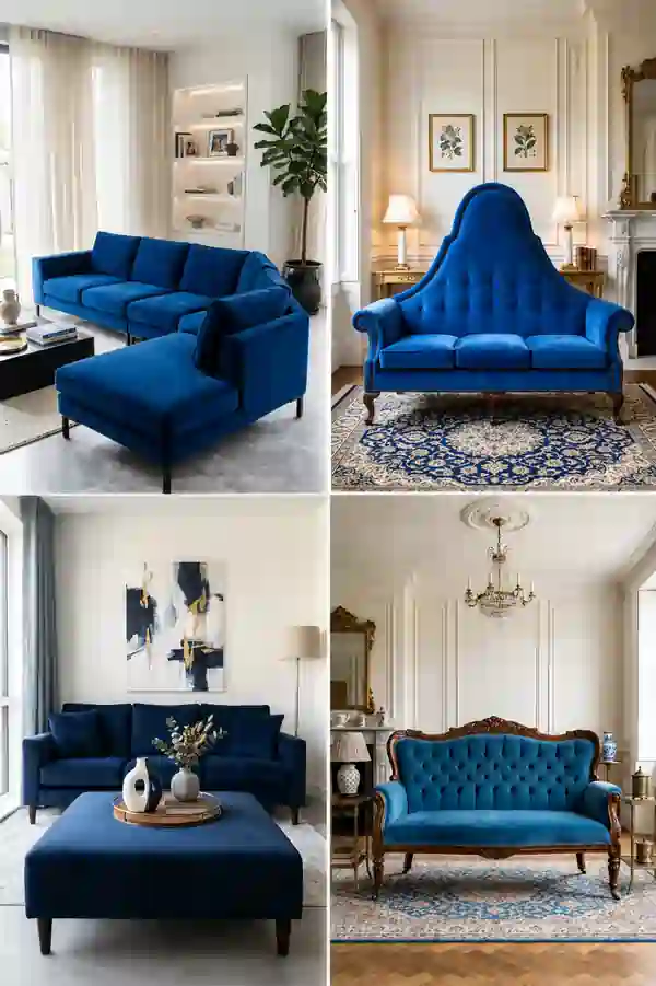 Blue sofa sofa living room ideas collage featuring modern sectional, classic tufted, and elegant velvet blue sofas in stylish interiors.