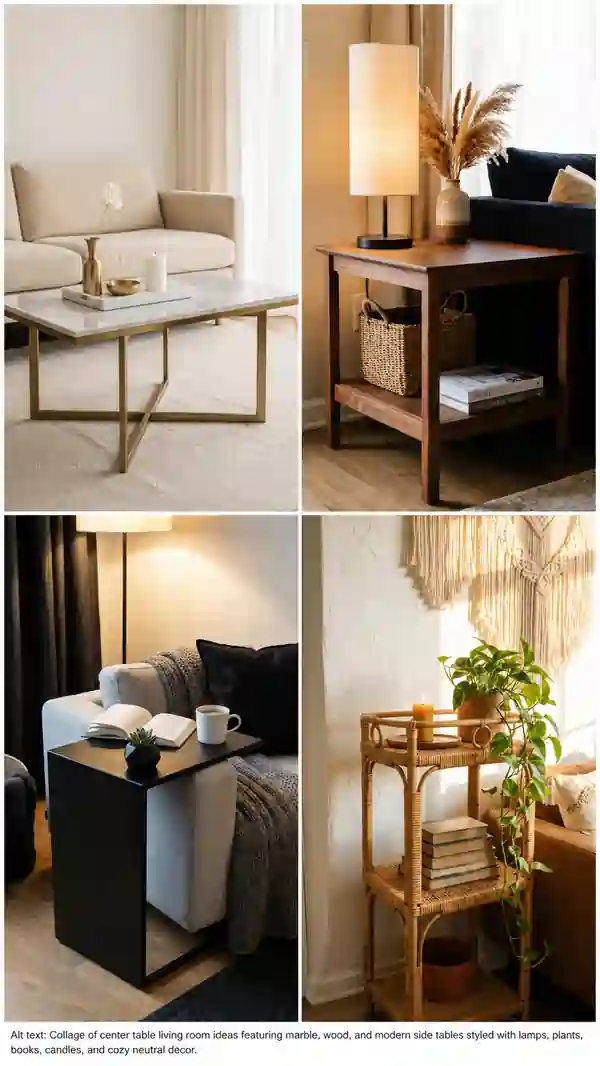 End table living room collage featuring modern wooden, metal, and rattan side tables styled with lamps, plants, books, and cozy neutral decor beside sofas.
