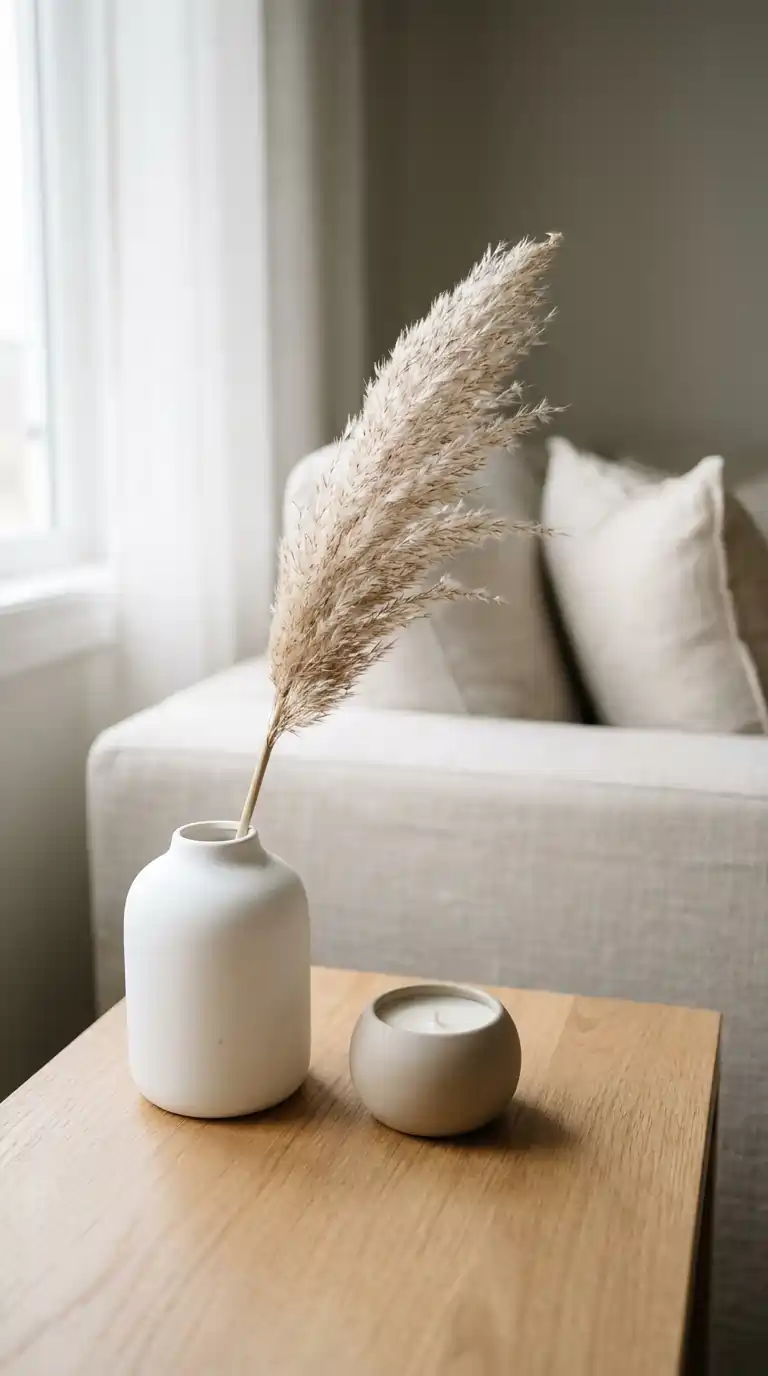 Minimal side table decor living room with a single white ceramic vase holding a dried stem and one small candle showing the power of intentional editing