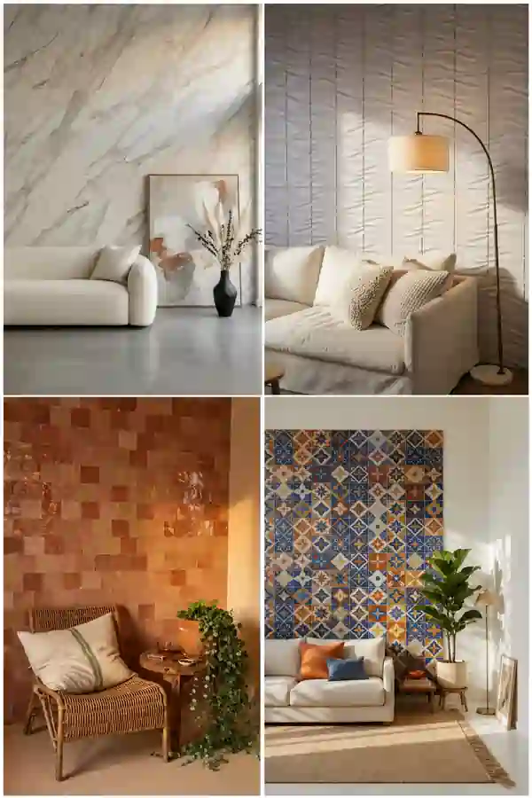 Wall tiles living room collage featuring marble, textured wave panels, terracotta tiles, and patterned ceramic tiles with modern sofas and stylish decor.
