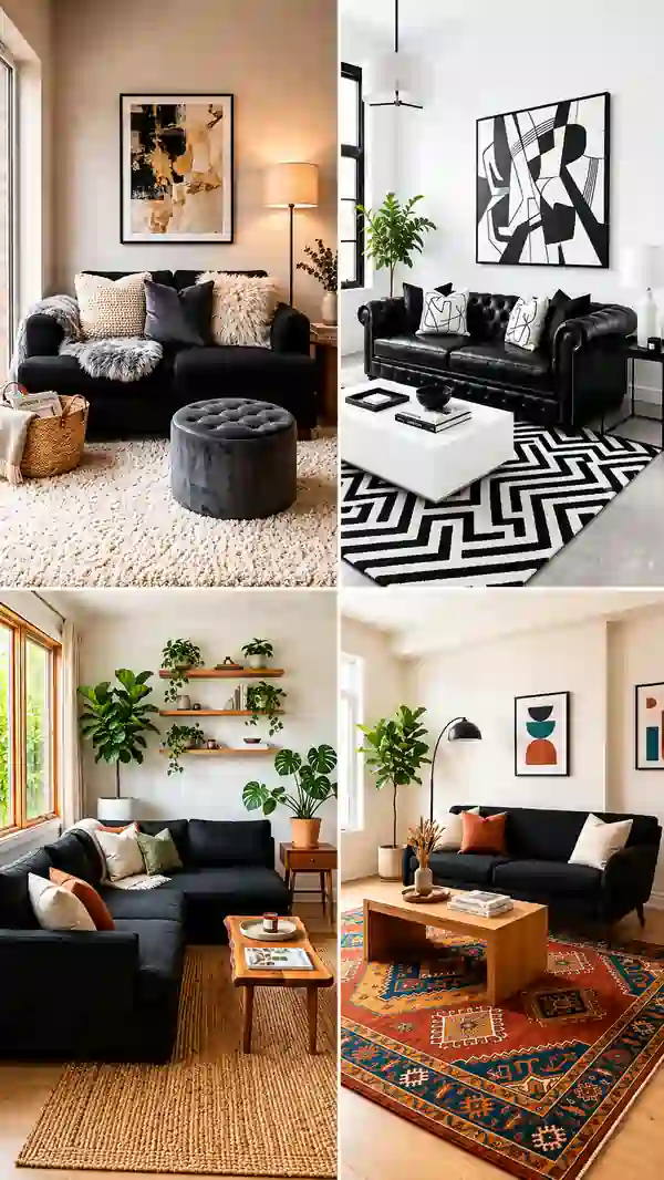 Black sofa sofa living room collage featuring modern, cozy, and minimalist interiors with stylish décor, natural textures, and contemporary furnishings.
