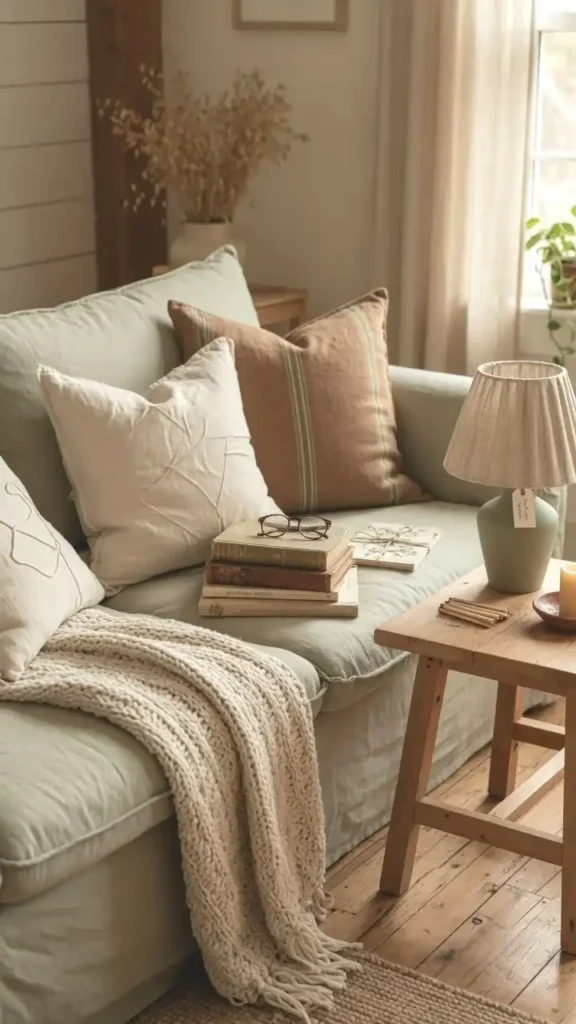 Farmhouse couch with linen slipcover in warm white styled with chunky knit throw and neutral pillows