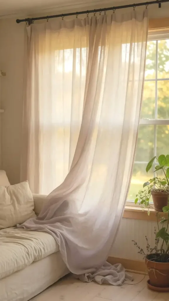 Flowing linen farmhouse living room curtains hung high from ceiling to floor in soft natural white light