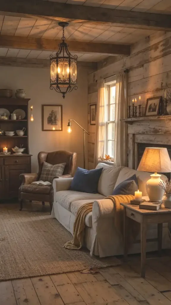 Farmhouse living room with layered lighting including wrought-iron pendant, table lamp, and warm Edison bulbs