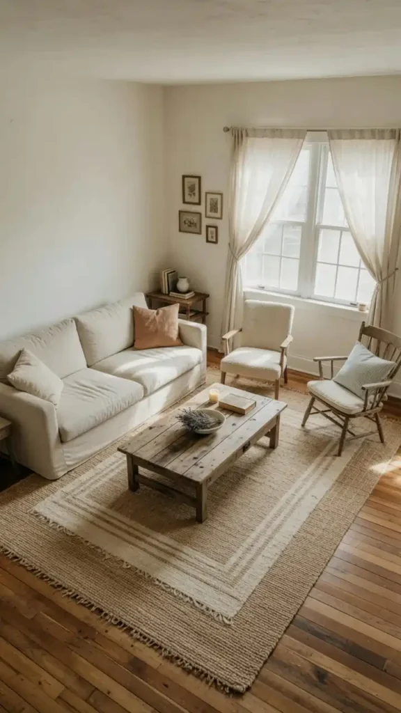 Farmhouse living room furniture floated away from walls in an intimate conversation layout on a jute rug