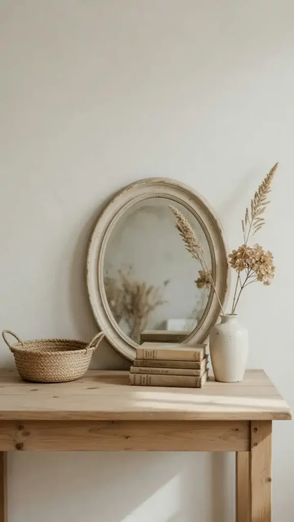 Minimalist farmhouse decor vignette with vintage mirror, woven basket, and dried botanicals on a wood console