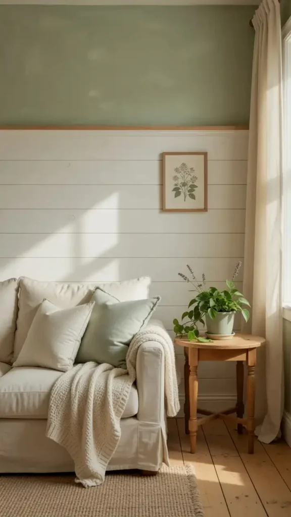 Balanced farmhouse shiplap accent wall in warm white behind a linen sofa with soft pillows and plant accents