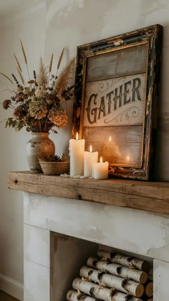 Styled farmhouse fireplace mantel with wooden beam, vintage mirror, pillar candles, and dried botanical arrangement