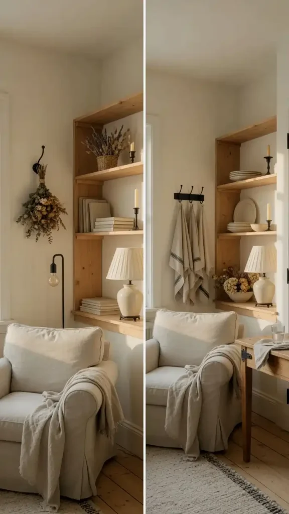 Farmhouse living room design with warm creamy white walls, natural wood shelving, and linen textiles in soft morning light