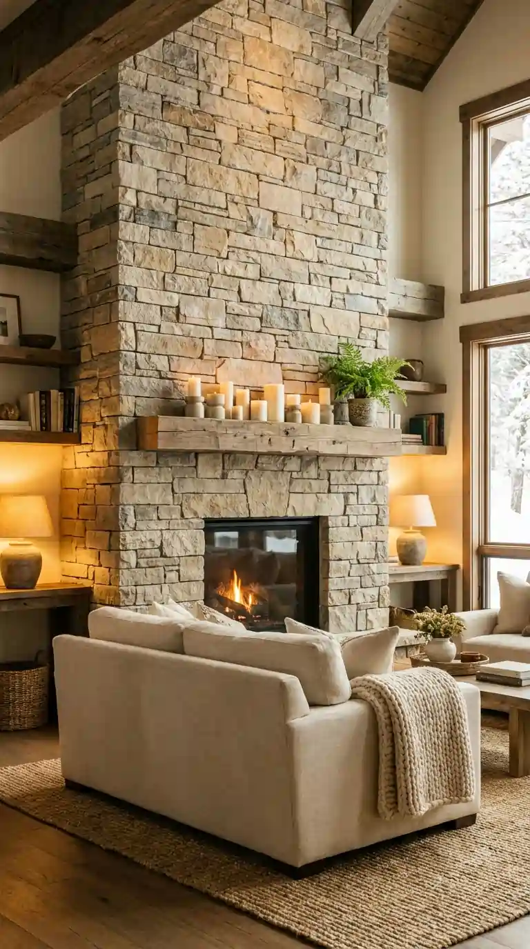 Classic stone wall living room with floor-to-ceiling fireplace surround, wood mantel, and cream sofa