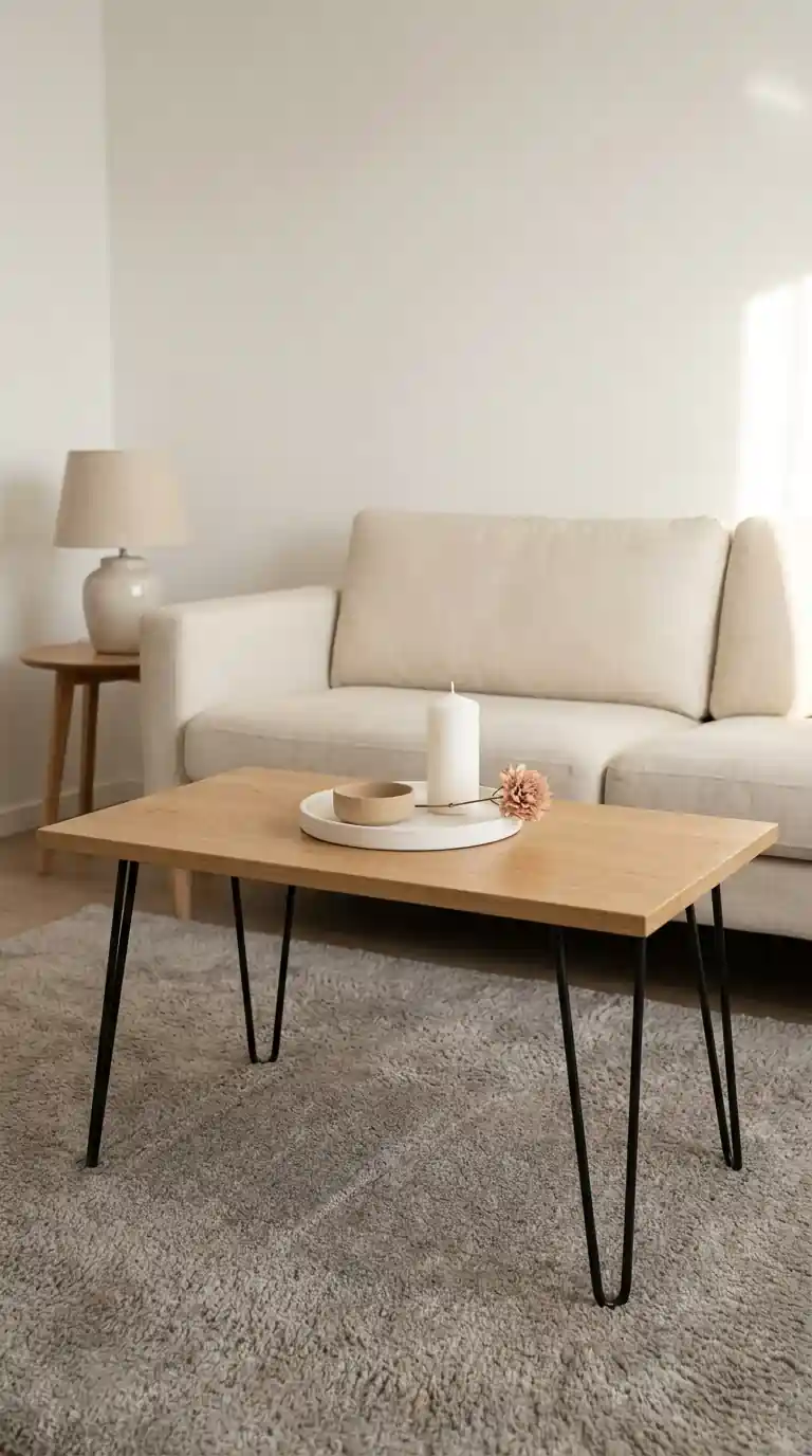 Round white ceramic tray on coffee table with pillar candle dish and dried flower stem