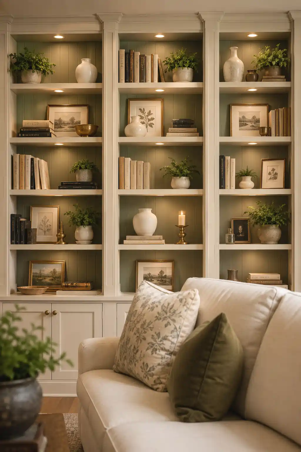 Floor-to-ceiling built-in bookcase in warm white with sage green back panel styled with books, plants, and brass accents
