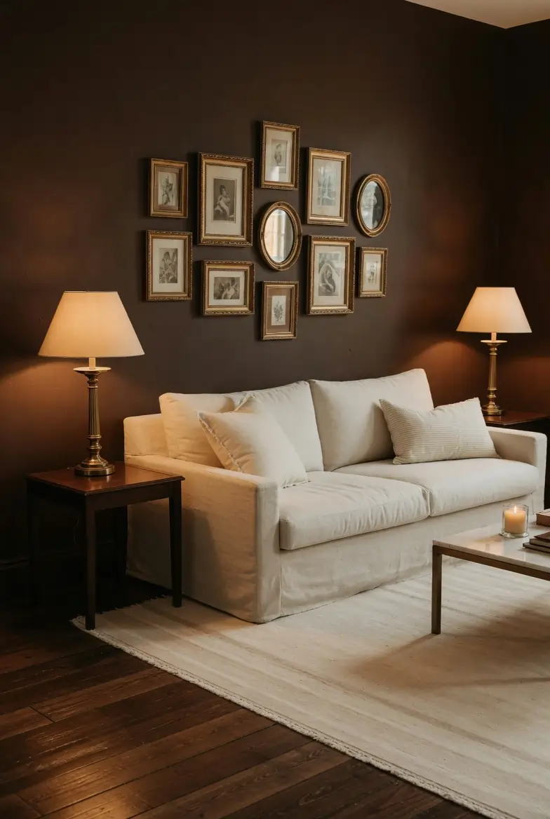 Deep chocolate brown walls living room with cream linen sofa, brass candlestick lamps, and warm gold picture frames