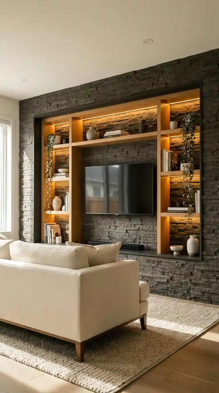 Stone wall nook framing a wall-mounted TV and built-in shelves with LED lighting and cream sofa