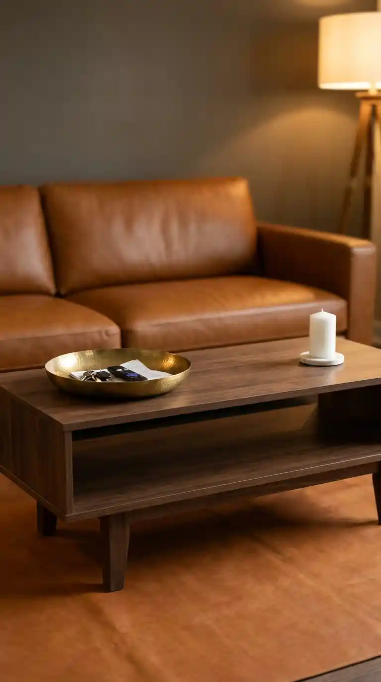 Hammered brass decorative bowl on walnut coffee table holding everyday items and candle beside it