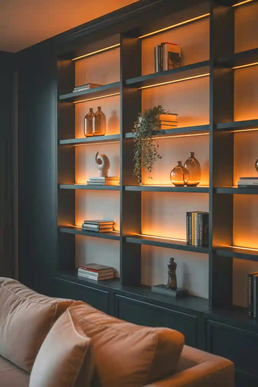 Dark navy living room wall unit with warm LED strip lighting, amber glass vases, and books styled for evening ambiance