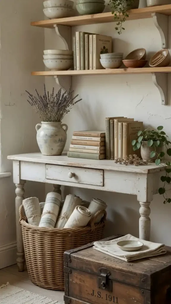 Farmhouse living room storage with wicker baskets under console table and wooden trunk used as a coffee table