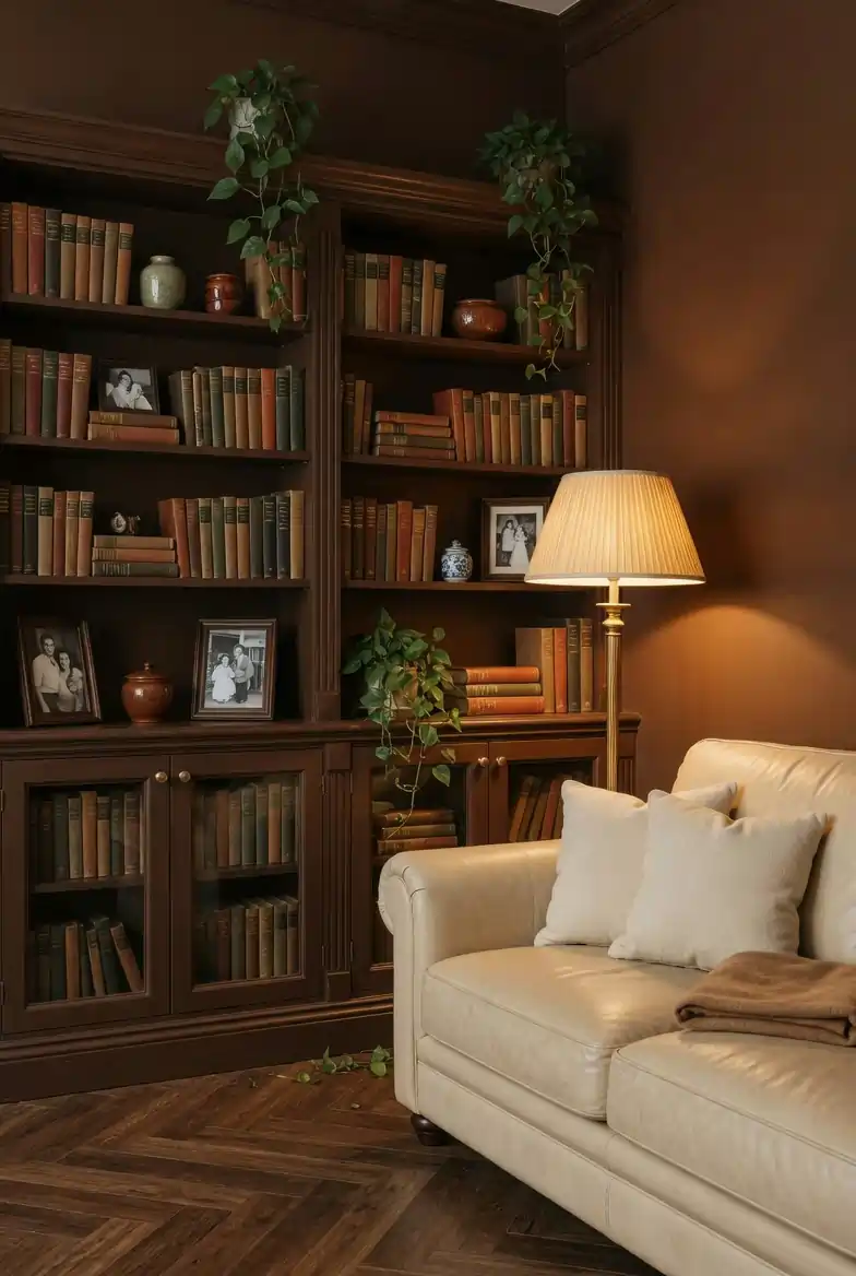 Deep brown living room walls with floor to ceiling built-in shelving, cream leather sofa, and warm brass reading lamp