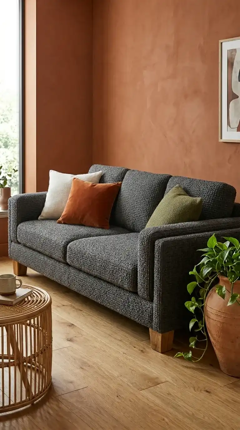 Dark grey chunky weave sofa with wide square arms raw wood block legs white rust and olive cushions on rich terracotta clay wall