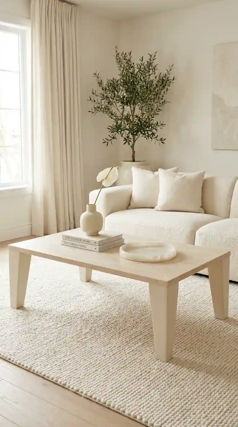 Cream limestone middle table living room styled in an all-cream tonal room with a boucle sofa, white orchid, and alabaster tray
