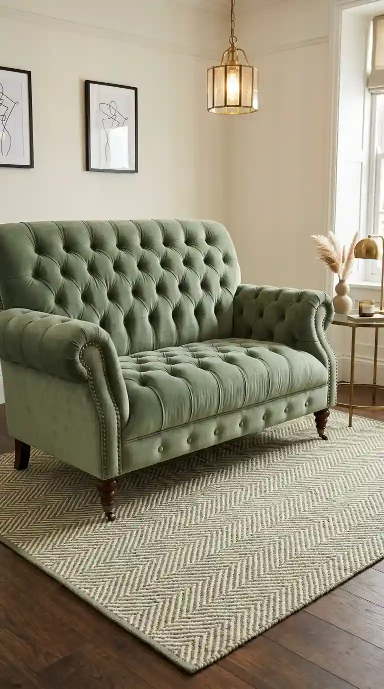 Sage green velvet Chesterfield sofa close up with brass side table and herringbone rug in background