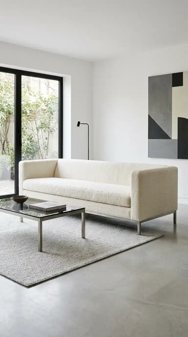 Ivory shearling tuxedo sofa with equal height arms and back brushed silver legs and smoked glass coffee table in refined living room