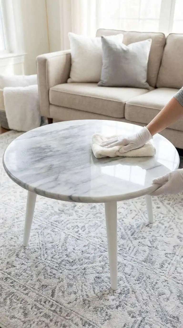 Hands buffing a white chamois cloth over a freshly cleaned marble coffee table surface to remove moisture and restore shine