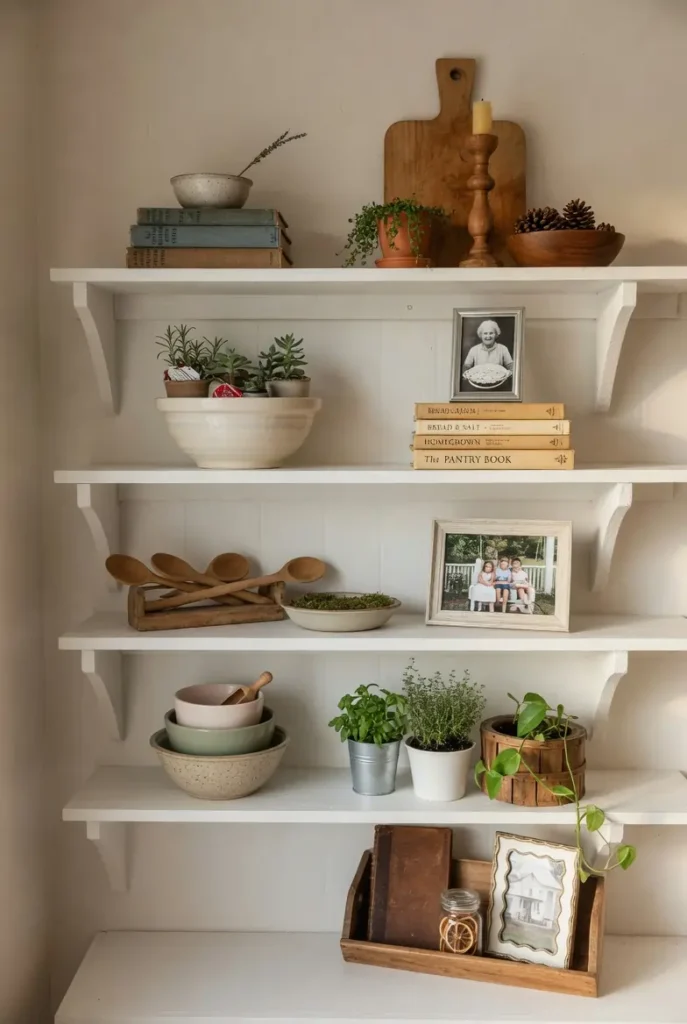 Farmhouse living room open shelving styled with wooden objects, ceramic bowls, potted plants, stacked books, and framed photos