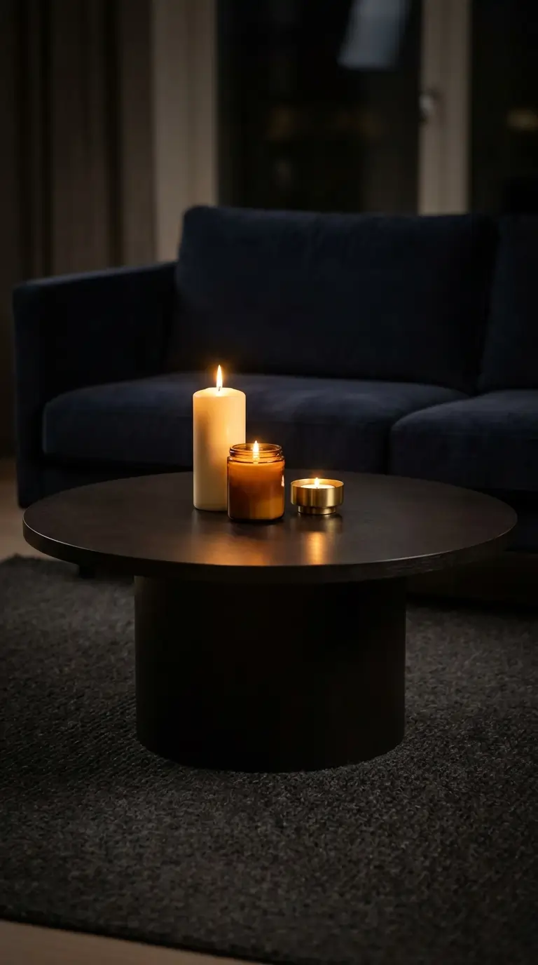 Three lit candles in varying heights clustered on dark coffee table in warm evening light