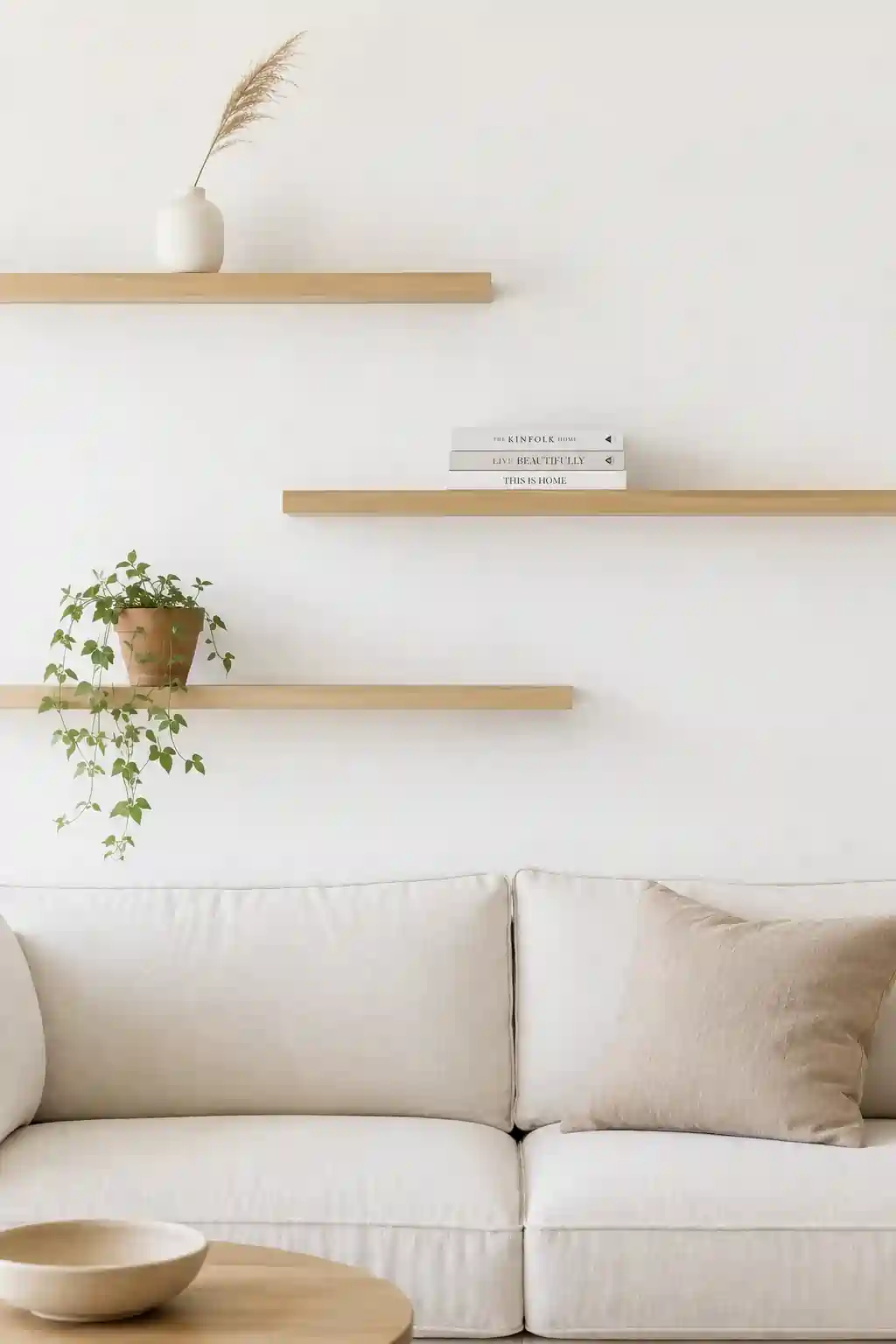 Minimalist living room floating shelves in pale oak with single ceramic vase, stacked books, and trailing plant on white wall