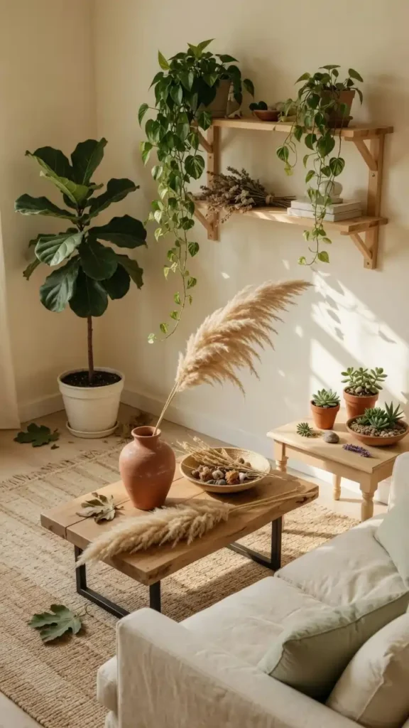 Farmhouse living room plants including fiddle leaf fig, pampas grass, and trailing pothos styled in neutral tones