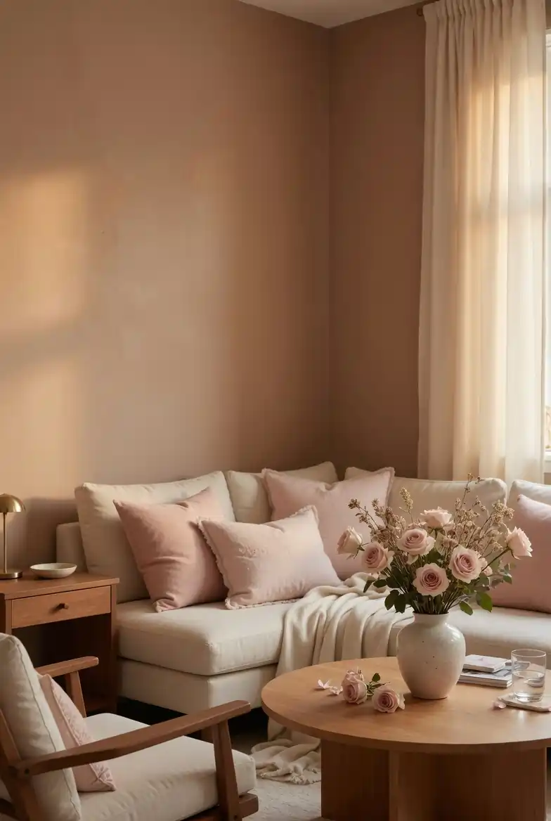 Warm nude brown living room walls with cream sofa, blush pink cushions, dried roses, and soft natural morning light