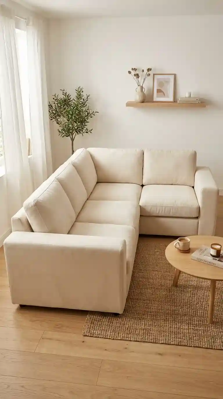 Full cream L-shaped corner sofa close up in a small living room with round coffee table and sheer curtains