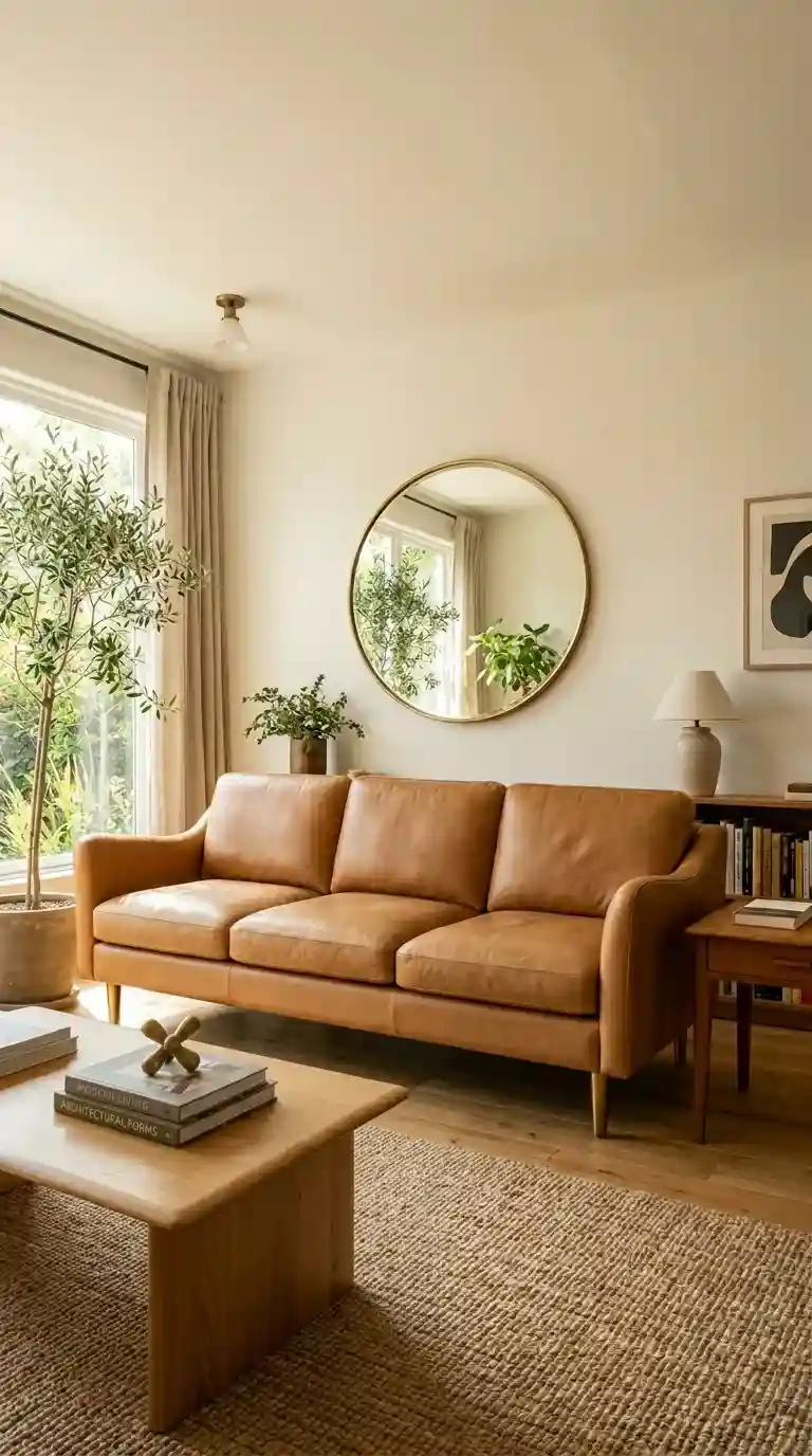 Warm camel leather sofa with natural distressing brass tapered legs oak coffee table and large round mirror in sun-drenched living room