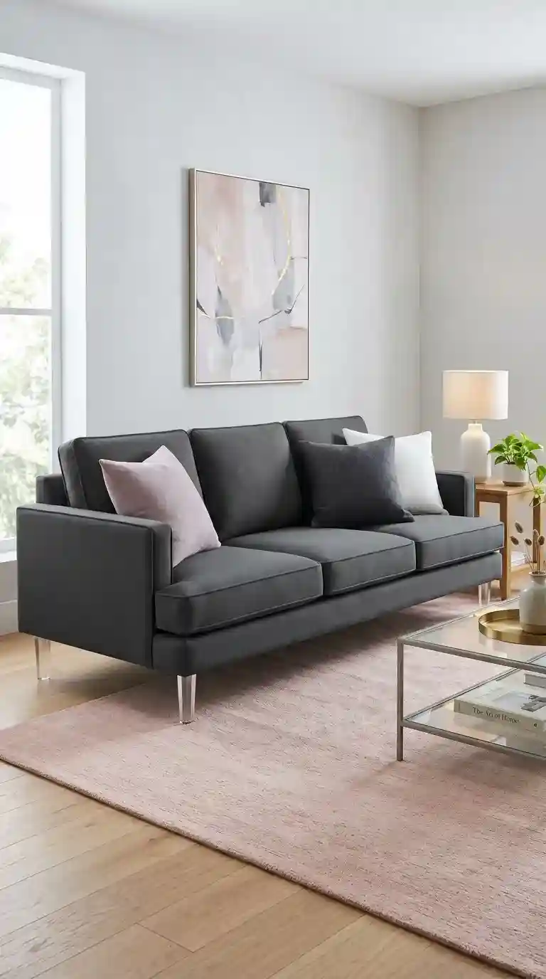 Dark grey sofa with knife-edge slim arms lucite legs pale mauve and white cushions pale grey wall and blush pink rug edge below